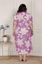 Miravan Womens Plus Size Pink Floral Print Puff Sleeve Pure Cotton Fit Flare Butterfly Maxi Dress | Grocsy
