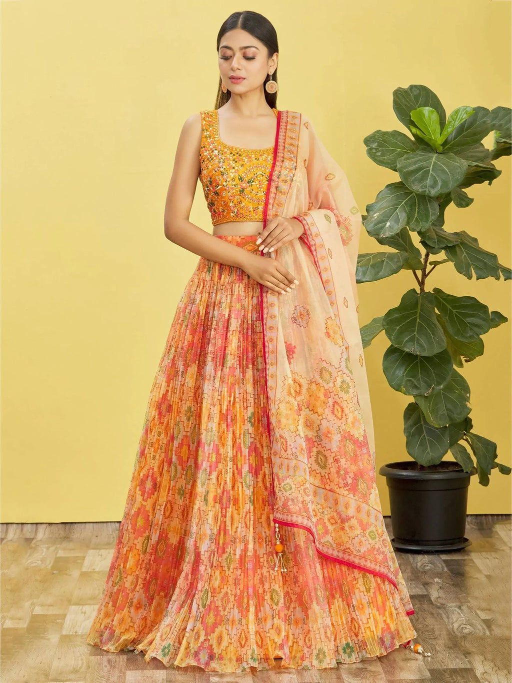 Tulsi Art Bright Yellow Mirror Work Organza Function Wear Lehenga Choli | Grocsy