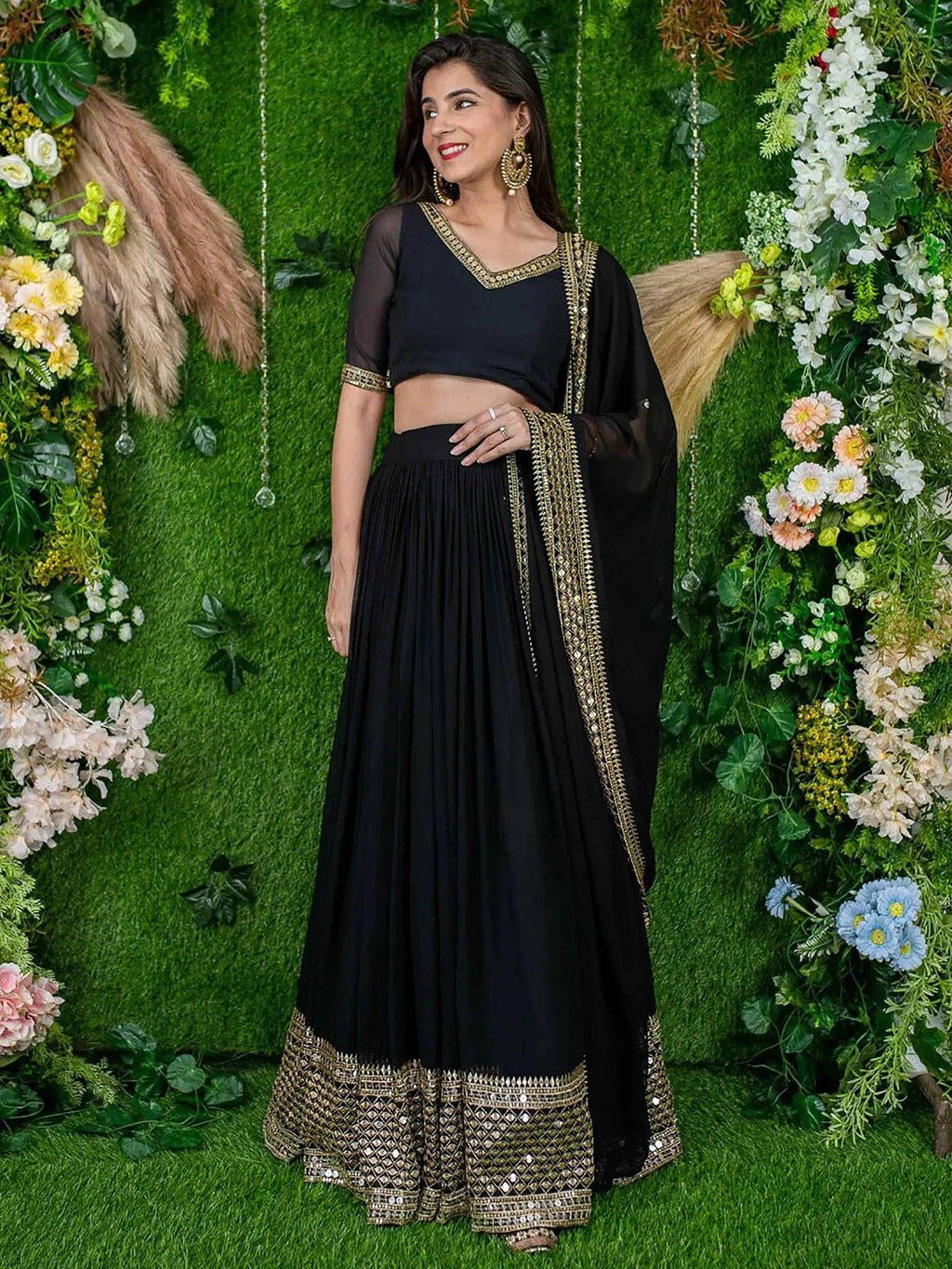 Tulsi Art Dazzle Black Zari Embroidered Georgette Festival Wear Lehenga Choli | Grocsy