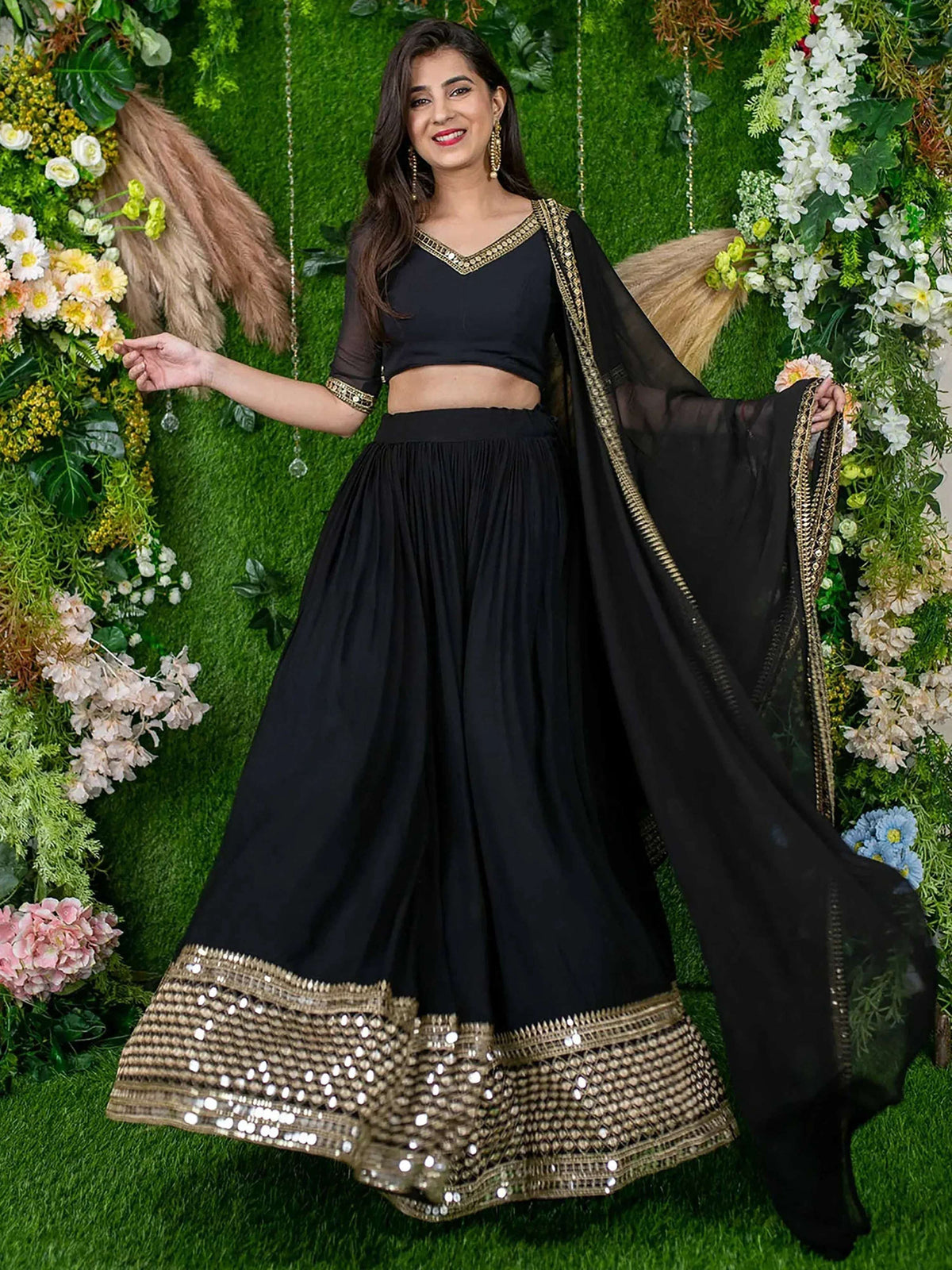 Tulsi Art Dazzle Black Zari Embroidered Georgette Festival Wear Lehenga Choli | Grocsy