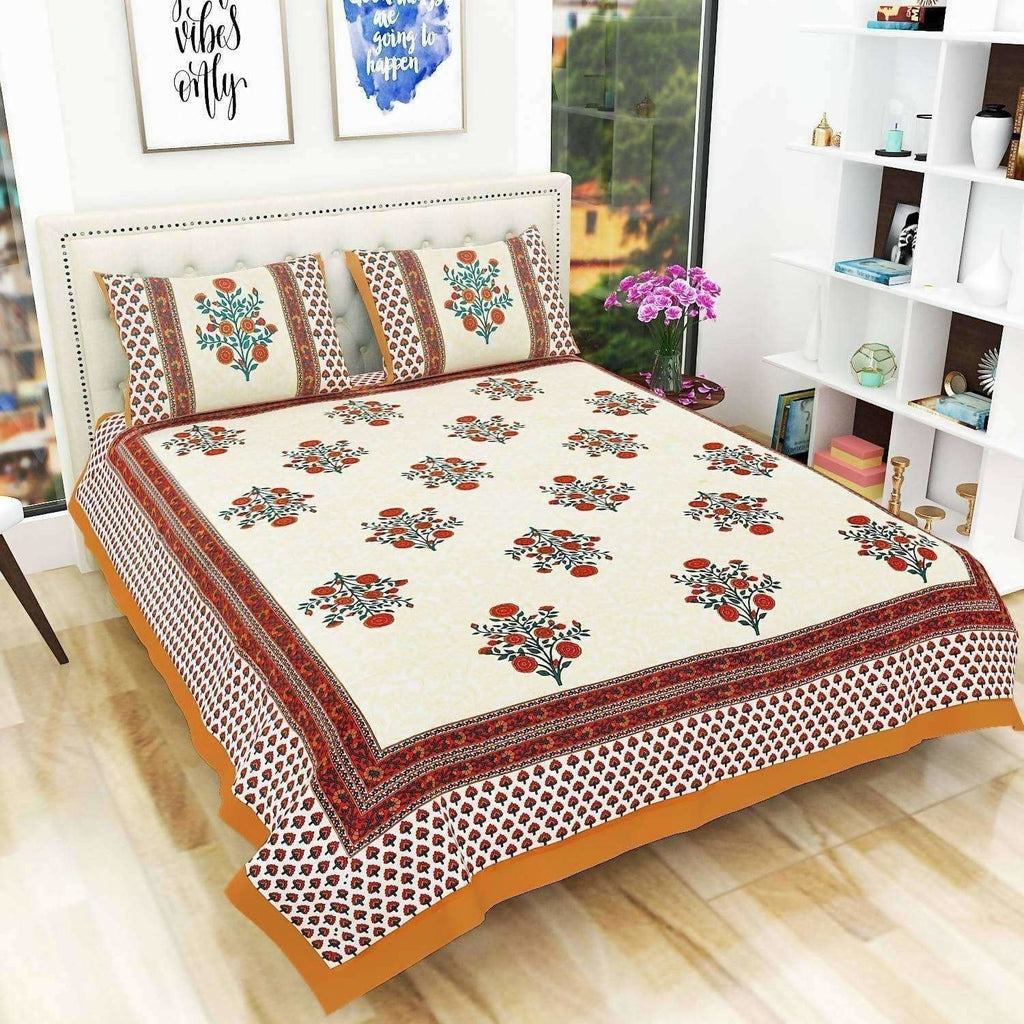 Floral Print Queen Size 90x108 Inches Jaipuri Flat Bed Sheet Bedspread with 2 Pillowcases | Grocsy