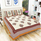 Floral Print Queen Size 90x108 Inches Jaipuri Flat Bed Sheet Bedspread with 2 Pillowcases | Grocsy