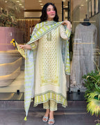 The52 Multi Women's Gorgeous Linen Silk Fabric Embroidered Work Straight Kurta Pant and Dupatta Set | Grocsy