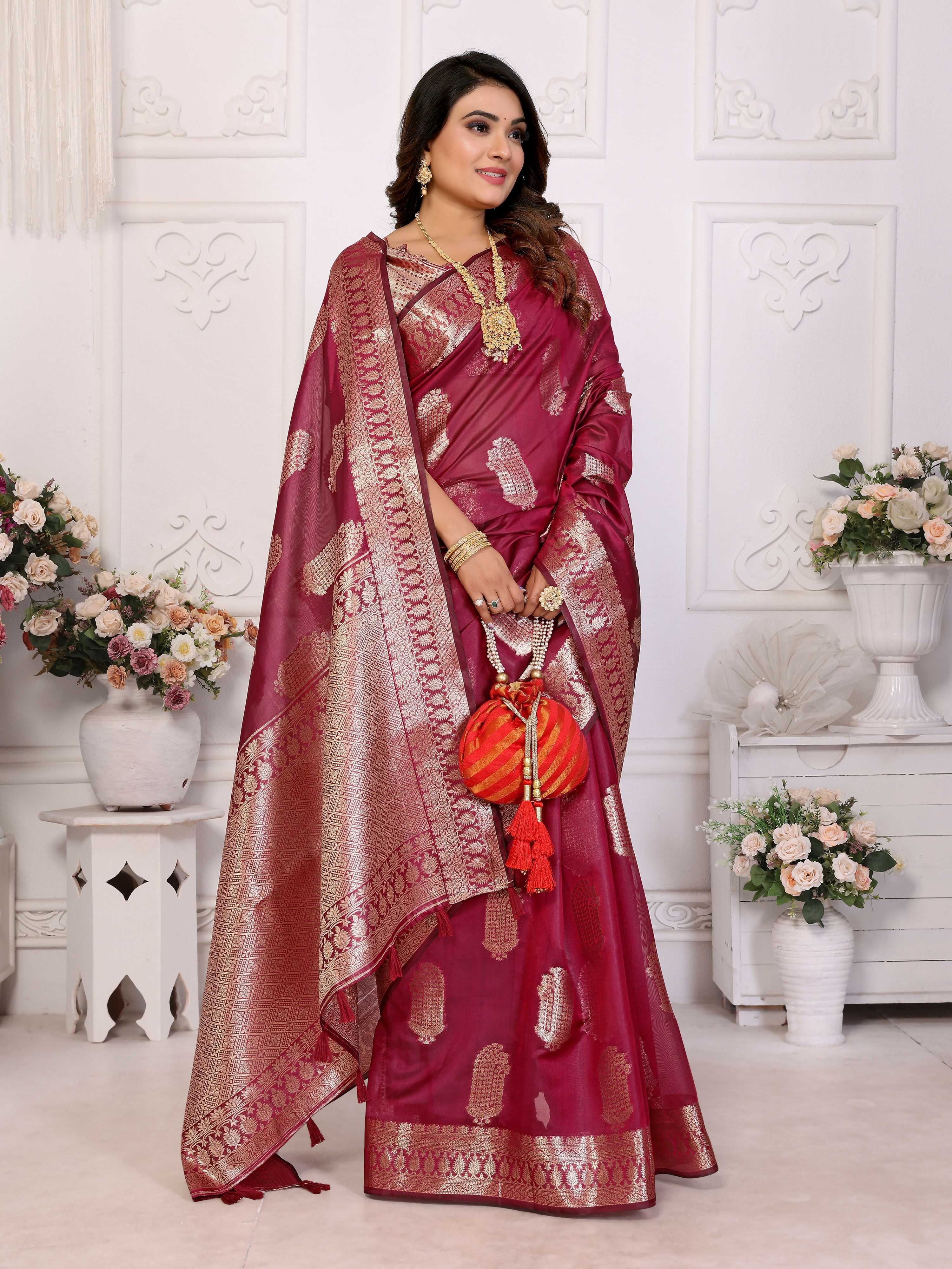 Aastha Fashion Wine Soft Organza Silk Weaving Saree | Grocsy