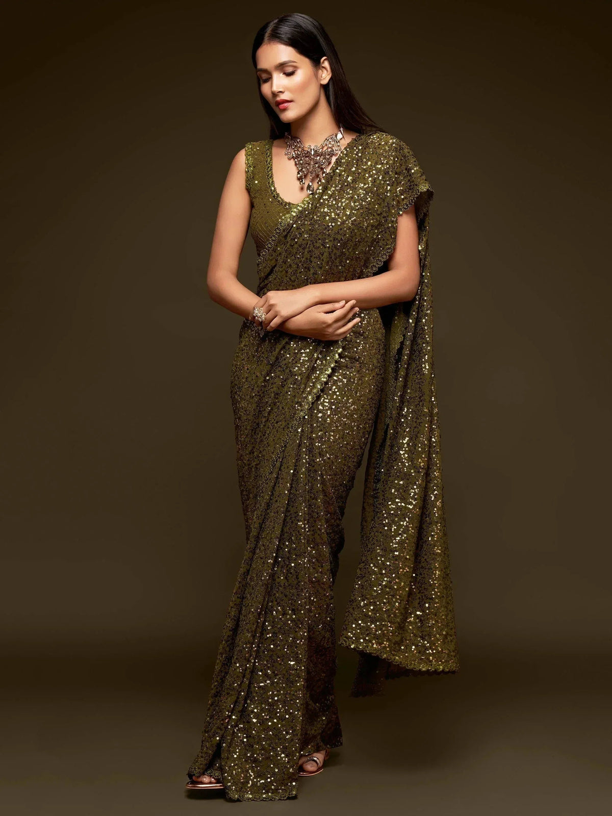Tulsi Art Mehendi Green Sequins Party Wear Saree With Blouse | Grocsy