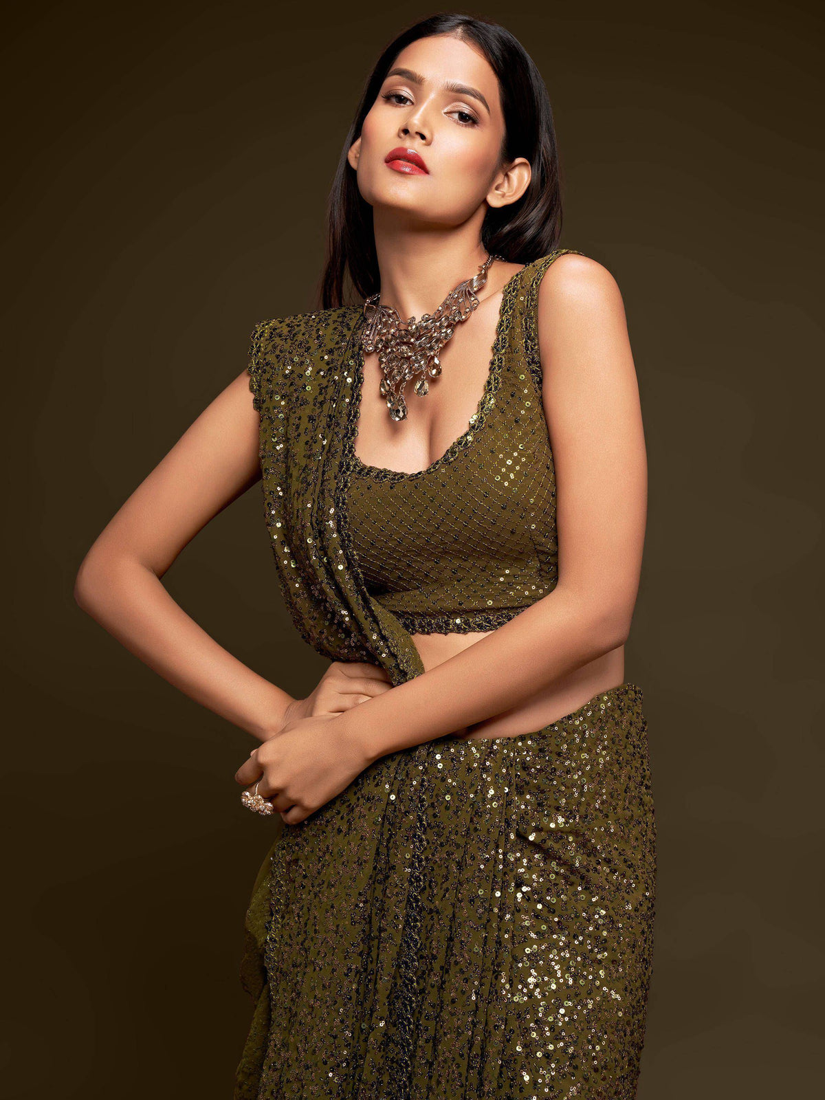 Tulsi Art Mehendi Green Sequins Party Wear Saree With Blouse | Grocsy