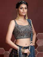 Tulsi Art Wonderful Blue Digital Print Embroidery Chinon Silk Party Wear Lehenga Choli | Grocsy