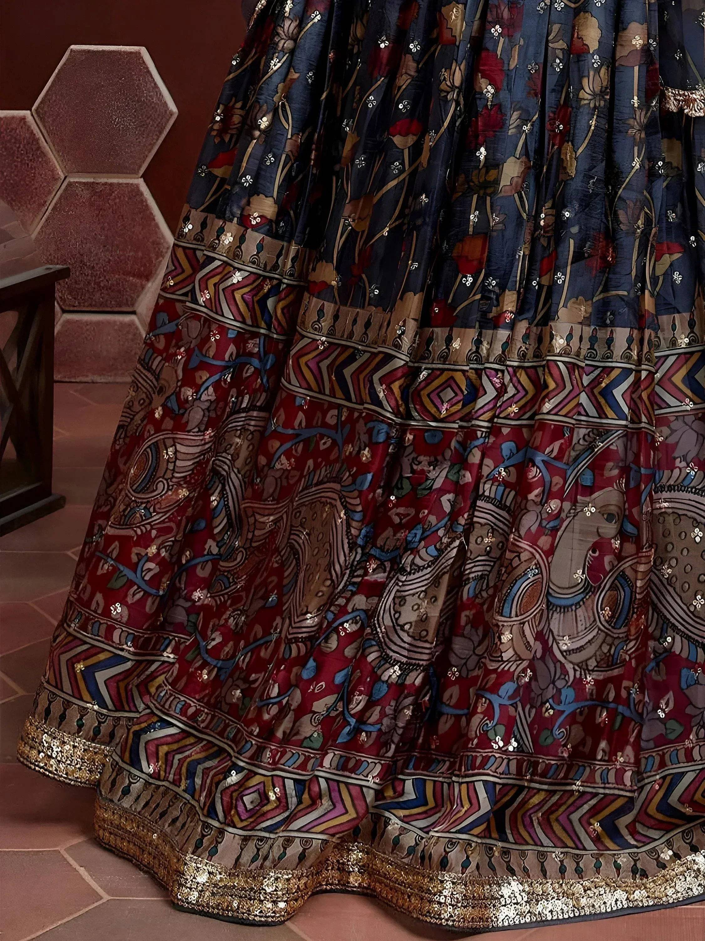 Tulsi Art Wonderful Blue Digital Print Embroidery Chinon Silk Party Wear Lehenga Choli | Grocsy