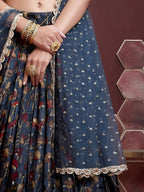 Tulsi Art Wonderful Blue Digital Print Embroidery Chinon Silk Party Wear Lehenga Choli | Grocsy