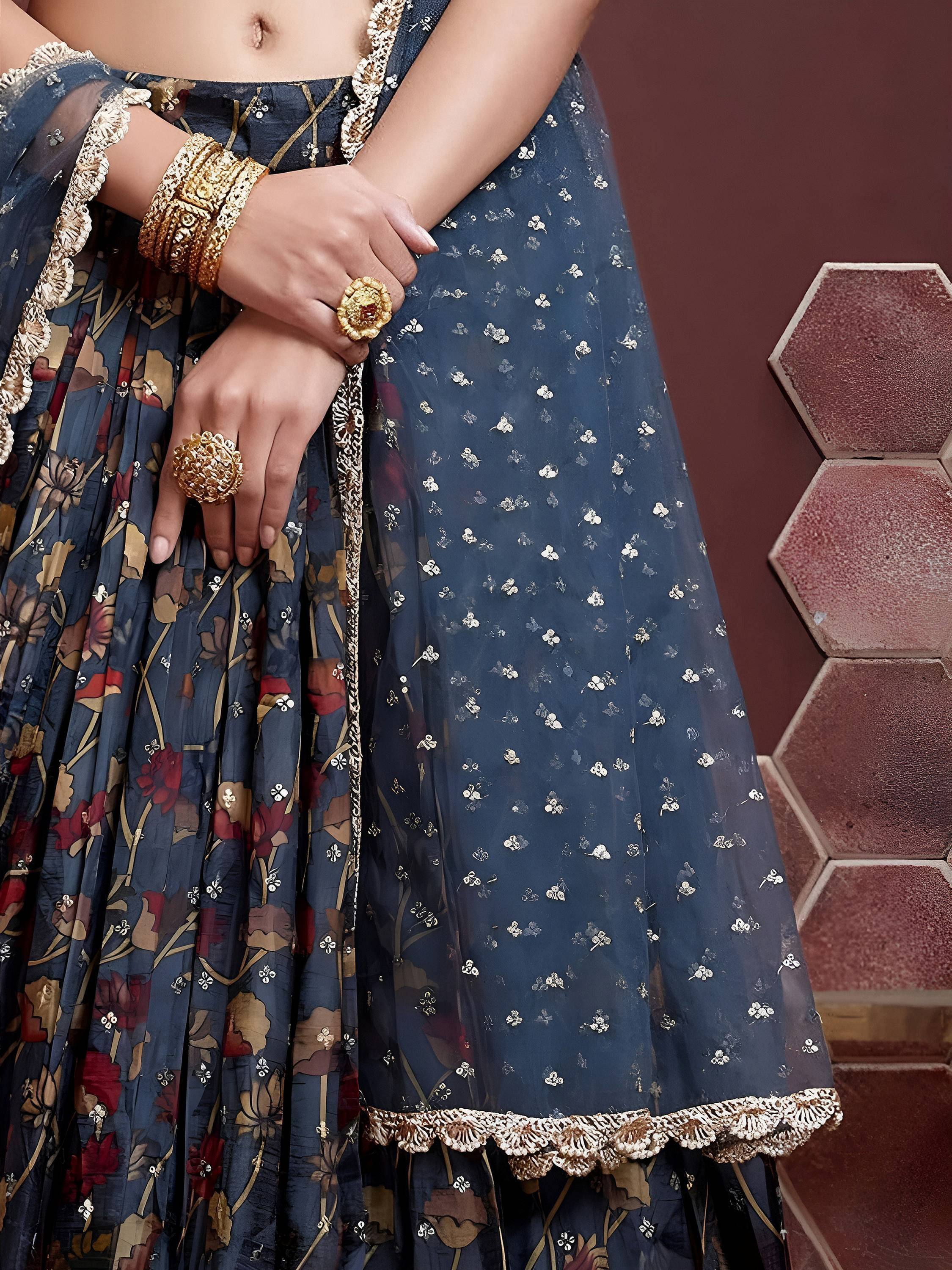Tulsi Art Wonderful Blue Digital Print Embroidery Chinon Silk Party Wear Lehenga Choli | Grocsy