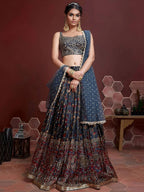 Tulsi Art Wonderful Blue Digital Print Embroidery Chinon Silk Party Wear Lehenga Choli | Grocsy