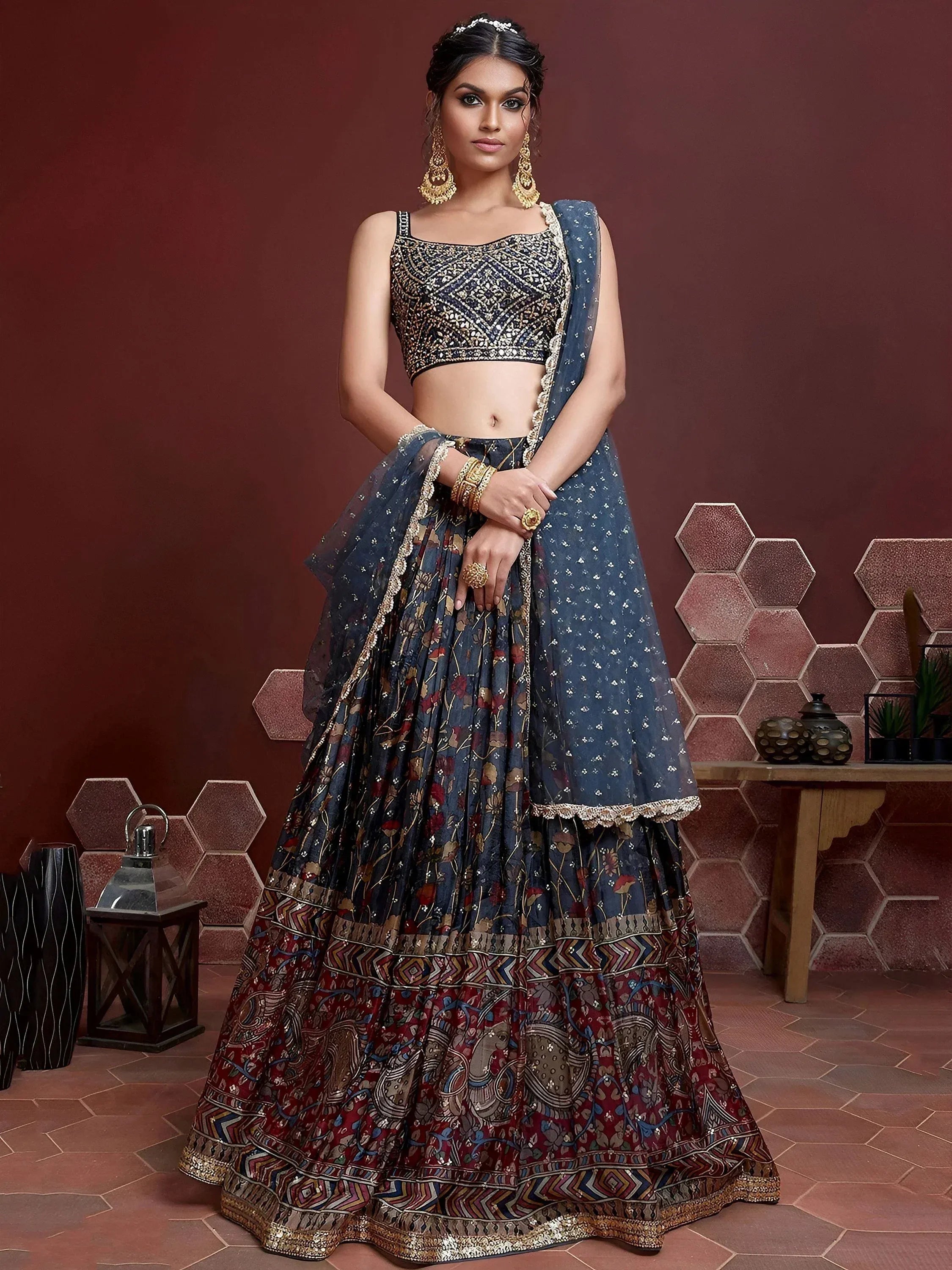 Tulsi Art Wonderful Blue Digital Print Embroidery Chinon Silk Party Wear Lehenga Choli | Grocsy