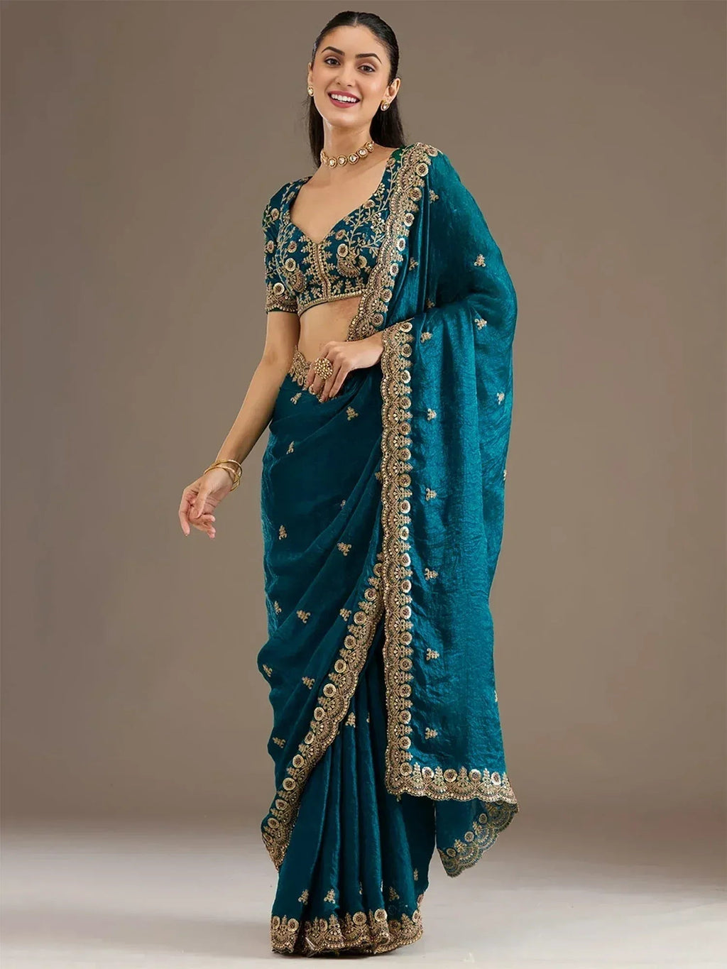 Tulsi Art Elegant Blue Embroidered Tissue Silk Party Wear Saree With Blouse | Grocsy