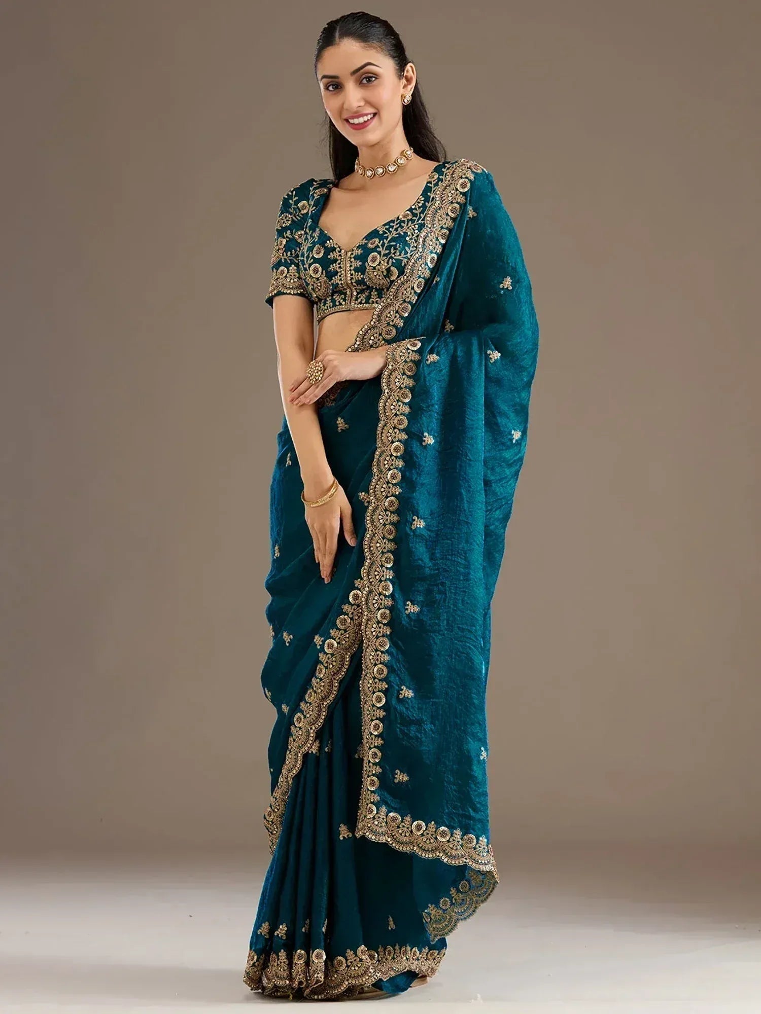 Tulsi Art Elegant Blue Embroidered Tissue Silk Party Wear Saree With Blouse | Grocsy
