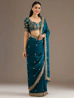 Tulsi Art Elegant Blue Embroidered Tissue Silk Party Wear Saree With Blouse | Grocsy