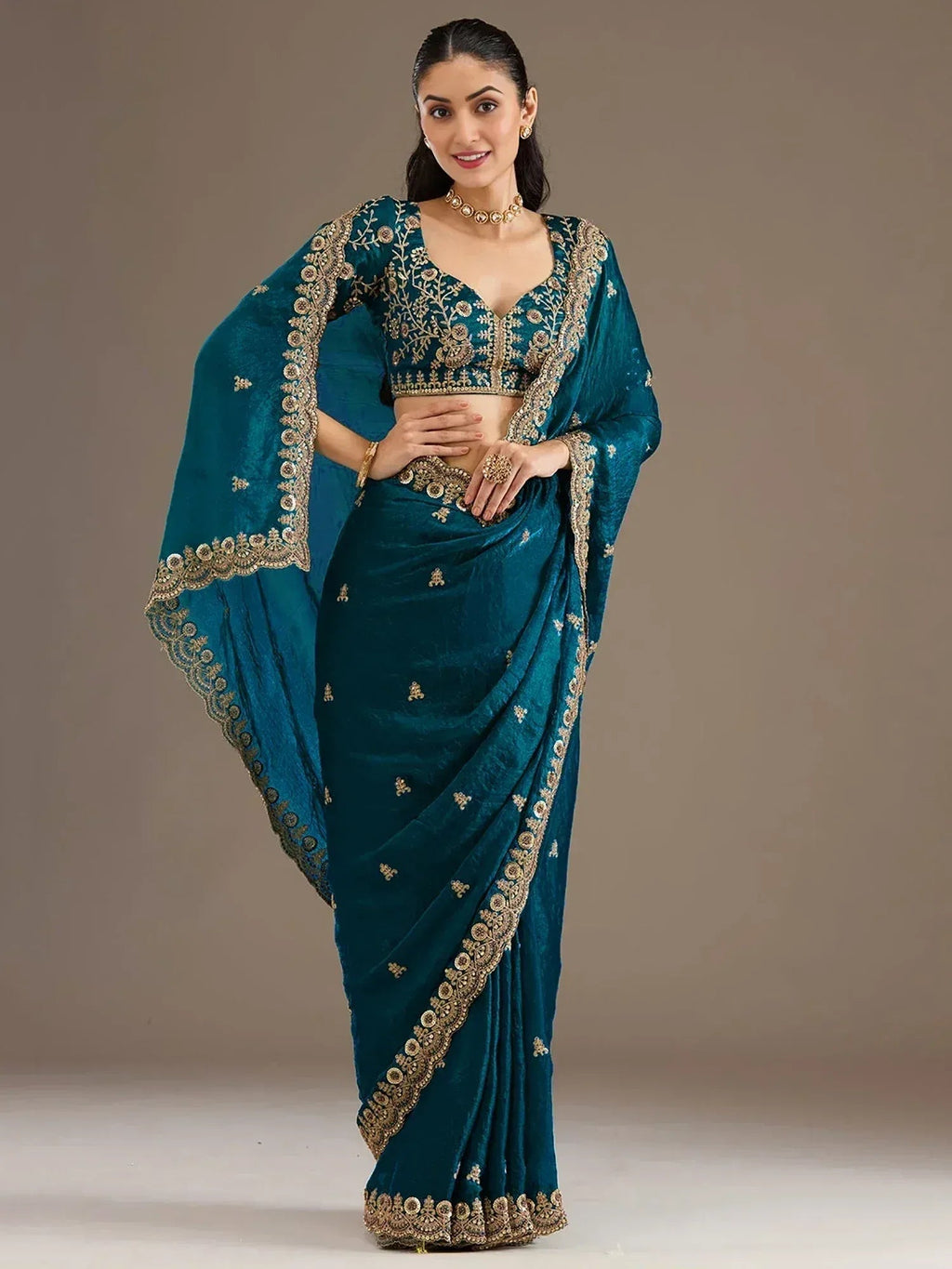 Tulsi Art Elegant Blue Embroidered Tissue Silk Party Wear Saree With Blouse | Grocsy