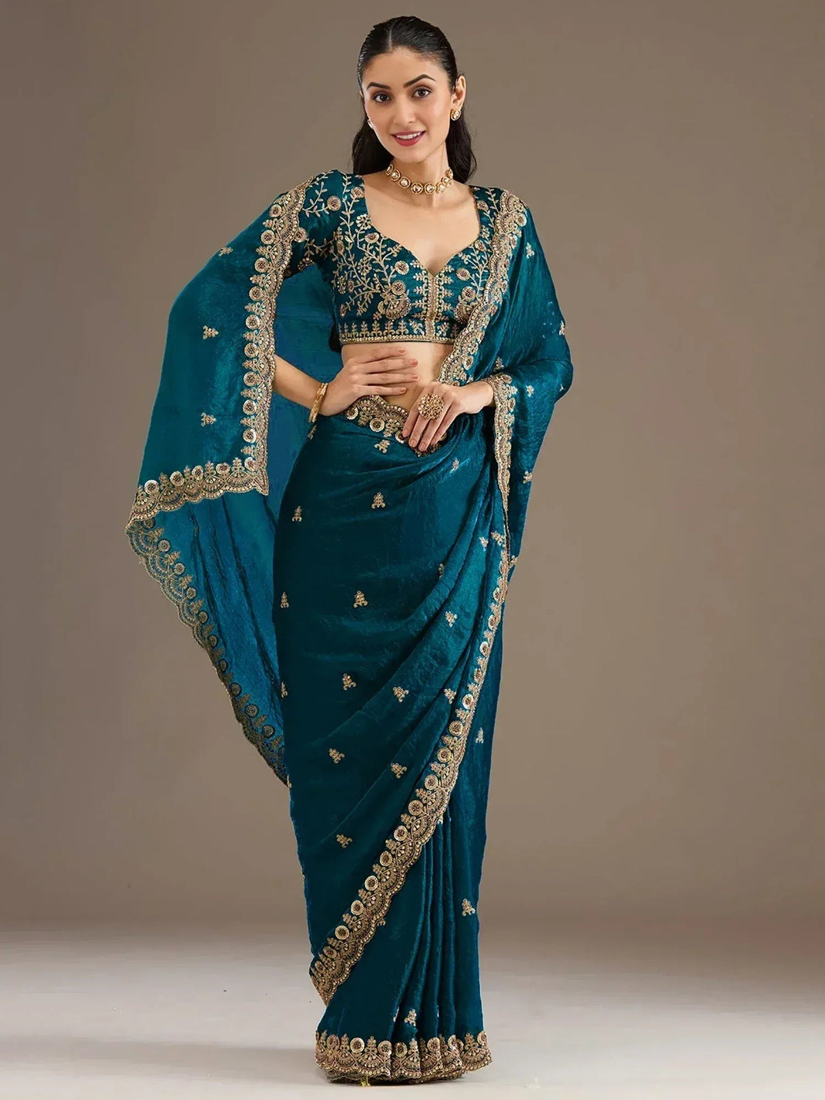 Tulsi Art Elegant Blue Embroidered Tissue Silk Party Wear Saree With Blouse | Grocsy