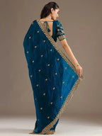 Tulsi Art Elegant Blue Embroidered Tissue Silk Party Wear Saree With Blouse | Grocsy