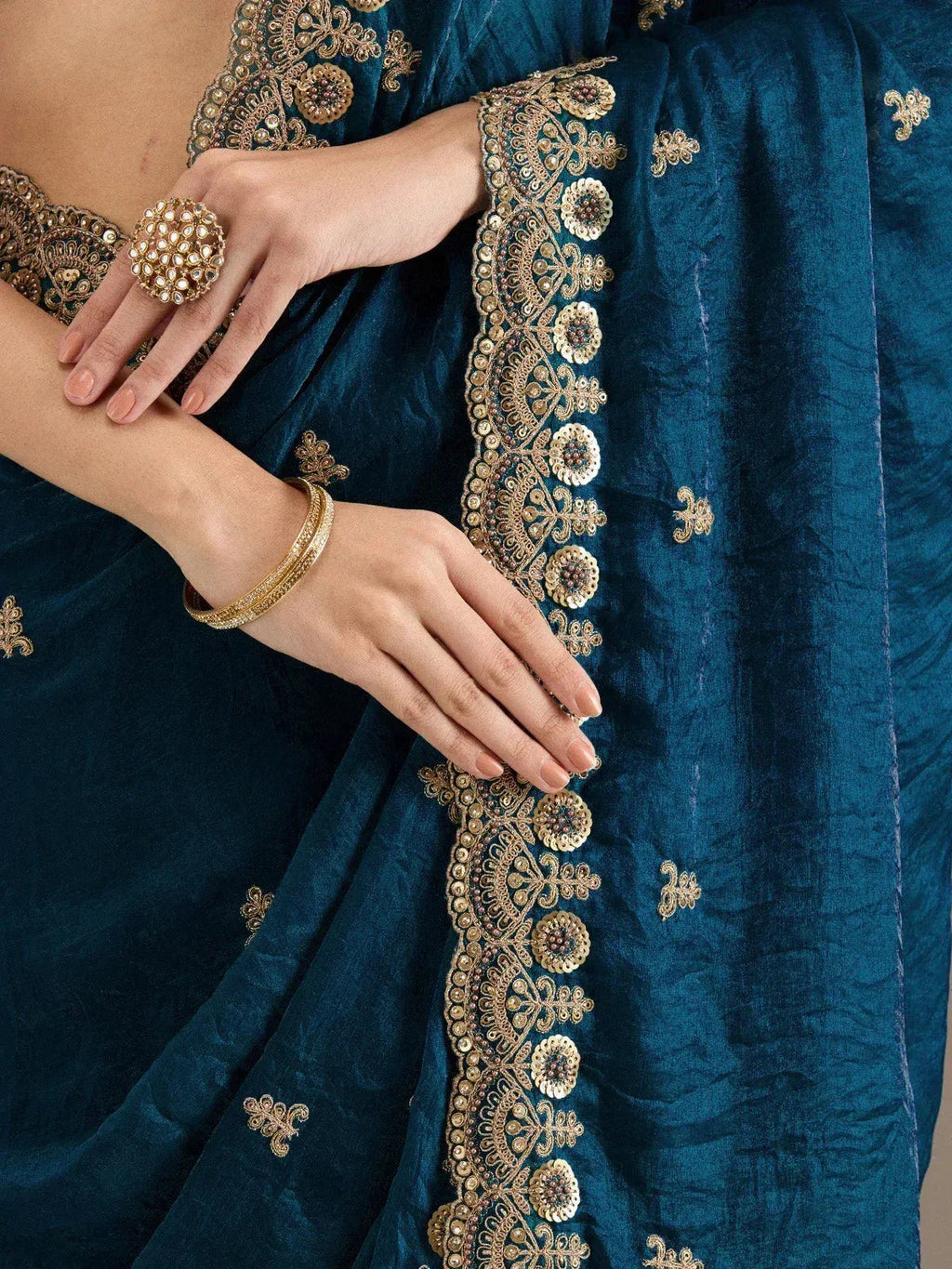 Tulsi Art Elegant Blue Embroidered Tissue Silk Party Wear Saree With Blouse | Grocsy
