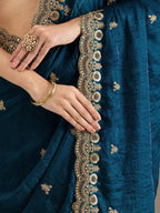 Tulsi Art Elegant Blue Embroidered Tissue Silk Party Wear Saree With Blouse | Grocsy
