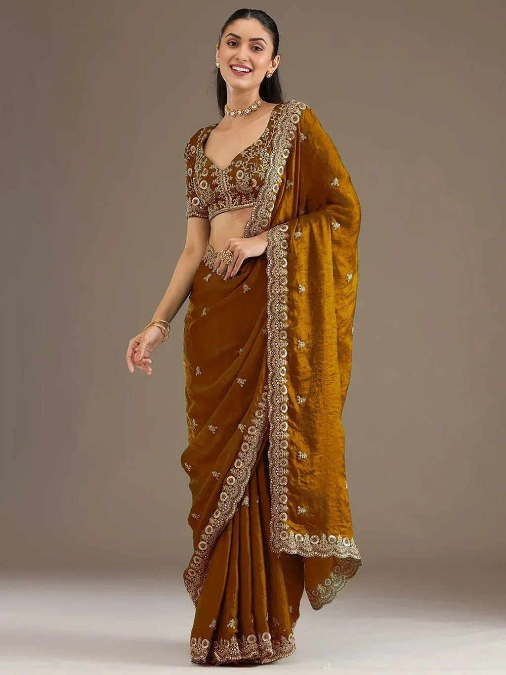 Tulsi Art Classic Golden Zari Embroidered Silk Reception Wear Saree With Blouse | Grocsy