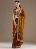 Tulsi Art Classic Golden Zari Embroidered Silk Reception Wear Saree With Blouse | Grocsy