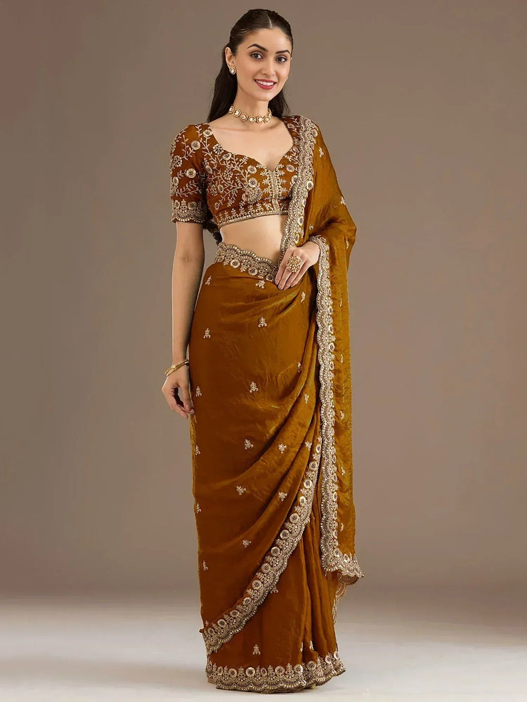 Tulsi Art Classic Golden Zari Embroidered Silk Reception Wear Saree With Blouse | Grocsy