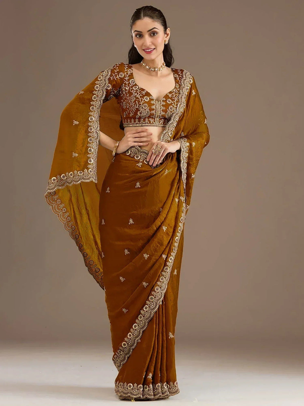 Tulsi Art Classic Golden Zari Embroidered Silk Reception Wear Saree With Blouse | Grocsy