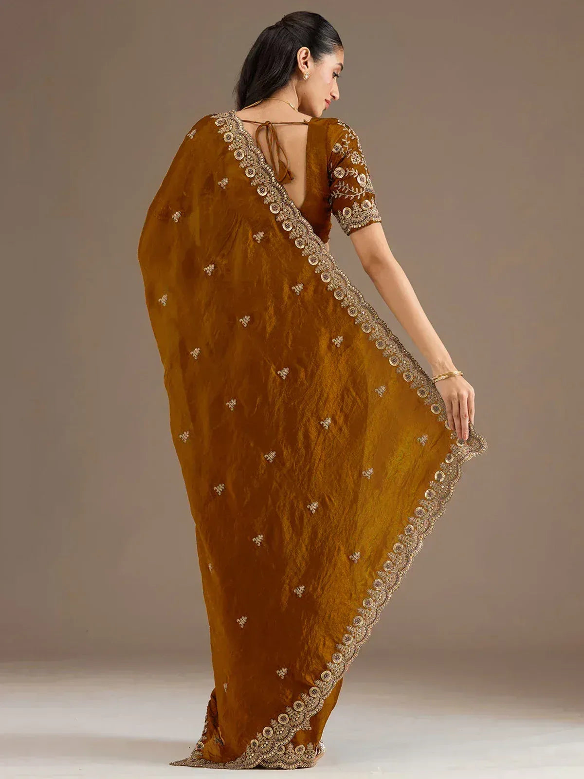 Tulsi Art Classic Golden Zari Embroidered Silk Reception Wear Saree With Blouse | Grocsy
