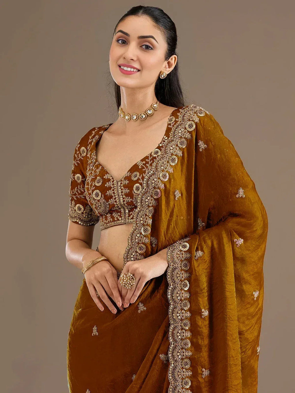 Tulsi Art Classic Golden Zari Embroidered Silk Reception Wear Saree With Blouse | Grocsy