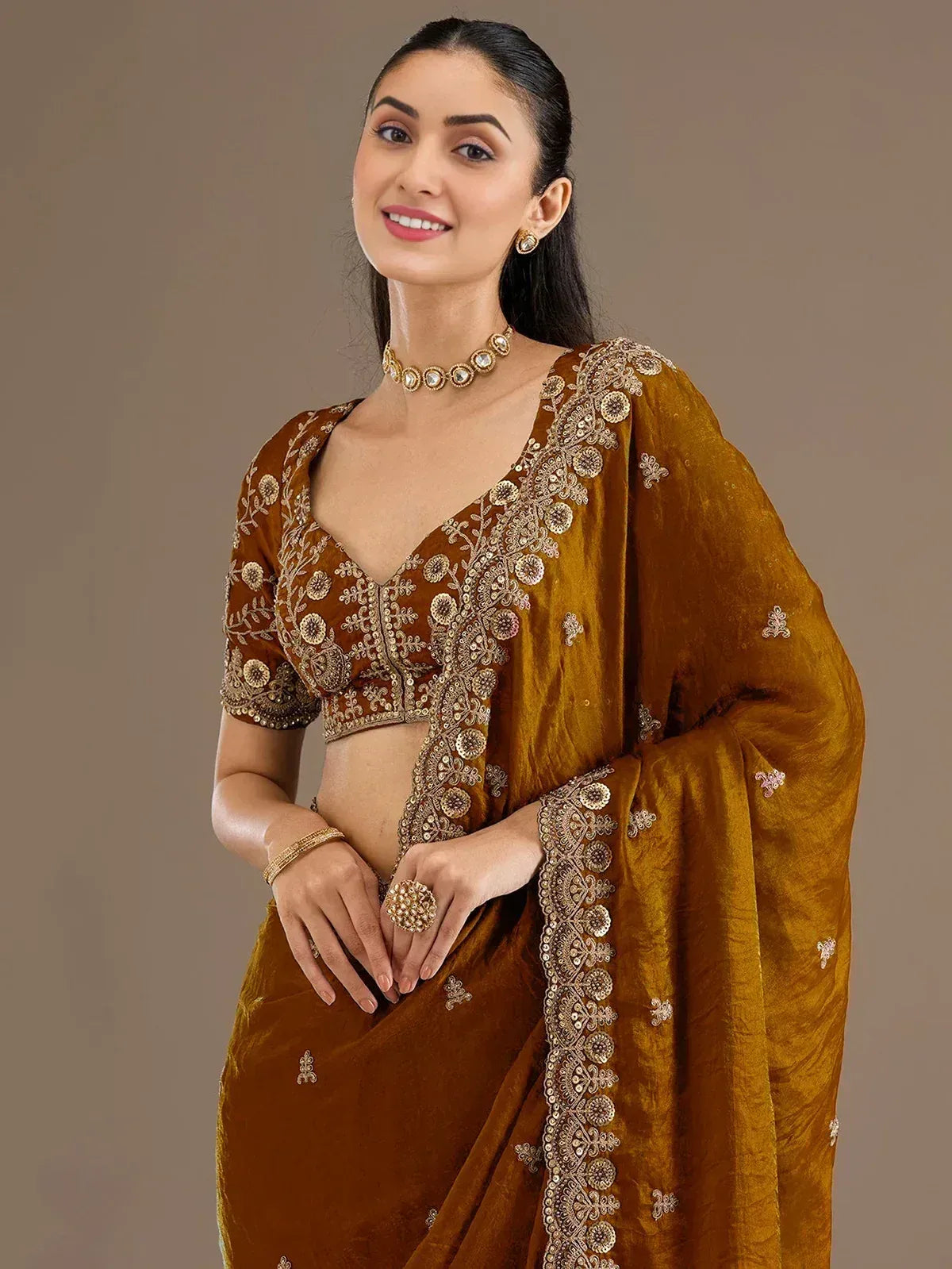 Tulsi Art Classic Golden Zari Embroidered Silk Reception Wear Saree With Blouse | Grocsy
