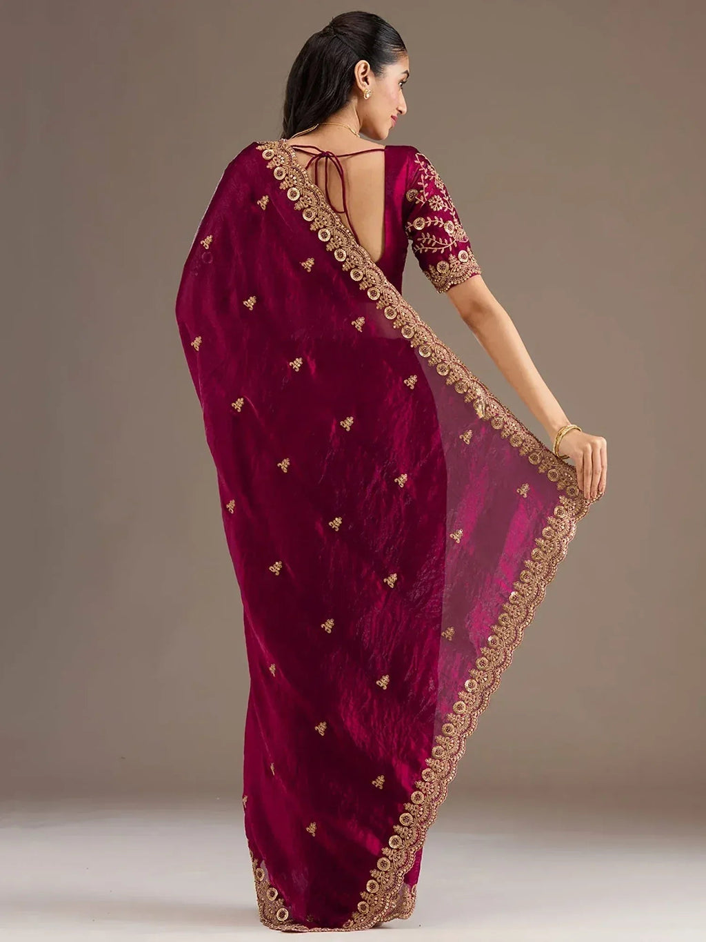 Tulsi Art Alluring Maroon Zari Embroidered Silk Party Wear Saree With Blouse | Grocsy