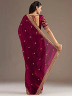 Tulsi Art Alluring Maroon Zari Embroidered Silk Party Wear Saree With Blouse | Grocsy
