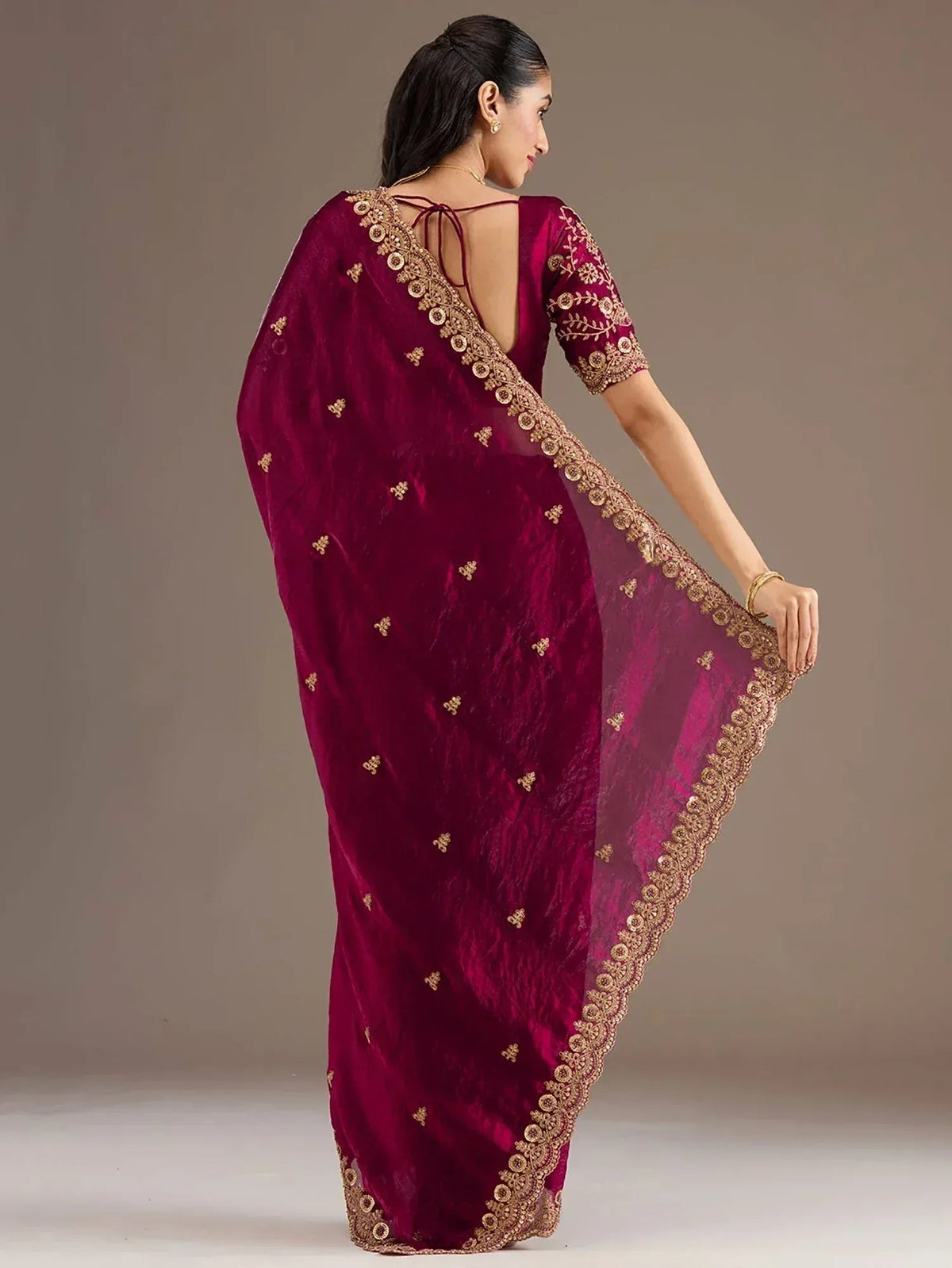 Tulsi Art Alluring Maroon Zari Embroidered Silk Party Wear Saree With Blouse | Grocsy
