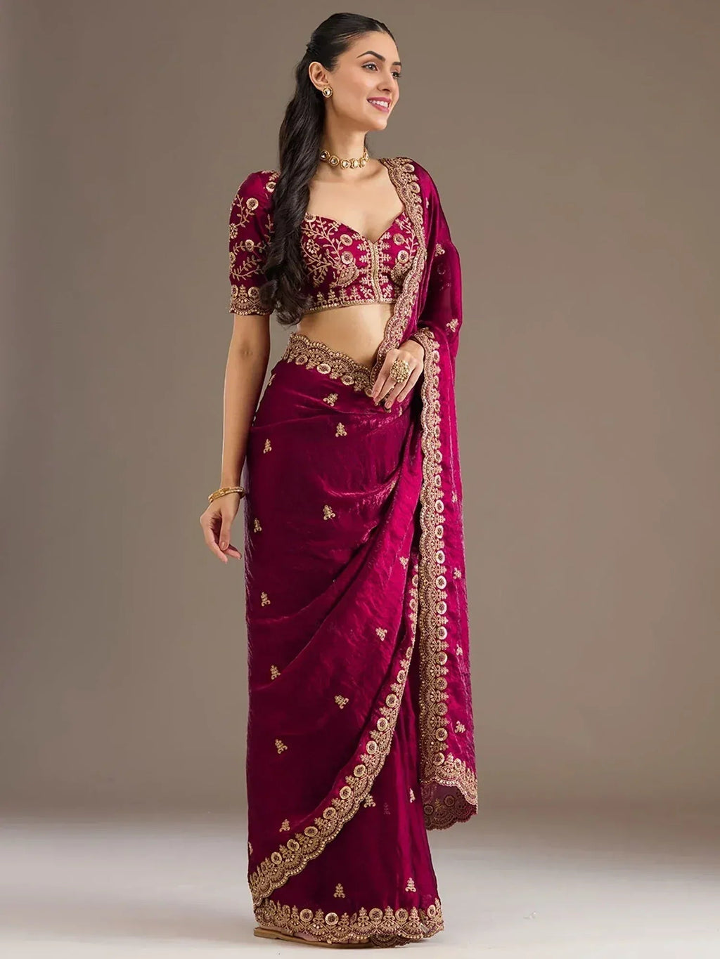 Tulsi Art Alluring Maroon Zari Embroidered Silk Party Wear Saree With Blouse | Grocsy