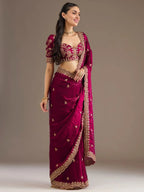 Tulsi Art Alluring Maroon Zari Embroidered Silk Party Wear Saree With Blouse | Grocsy