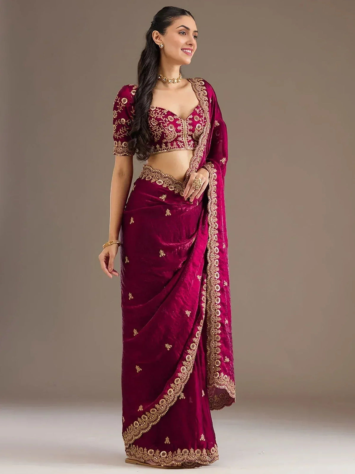 Tulsi Art Alluring Maroon Zari Embroidered Silk Party Wear Saree With Blouse | Grocsy