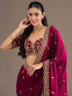 Tulsi Art Alluring Maroon Zari Embroidered Silk Party Wear Saree With Blouse | Grocsy