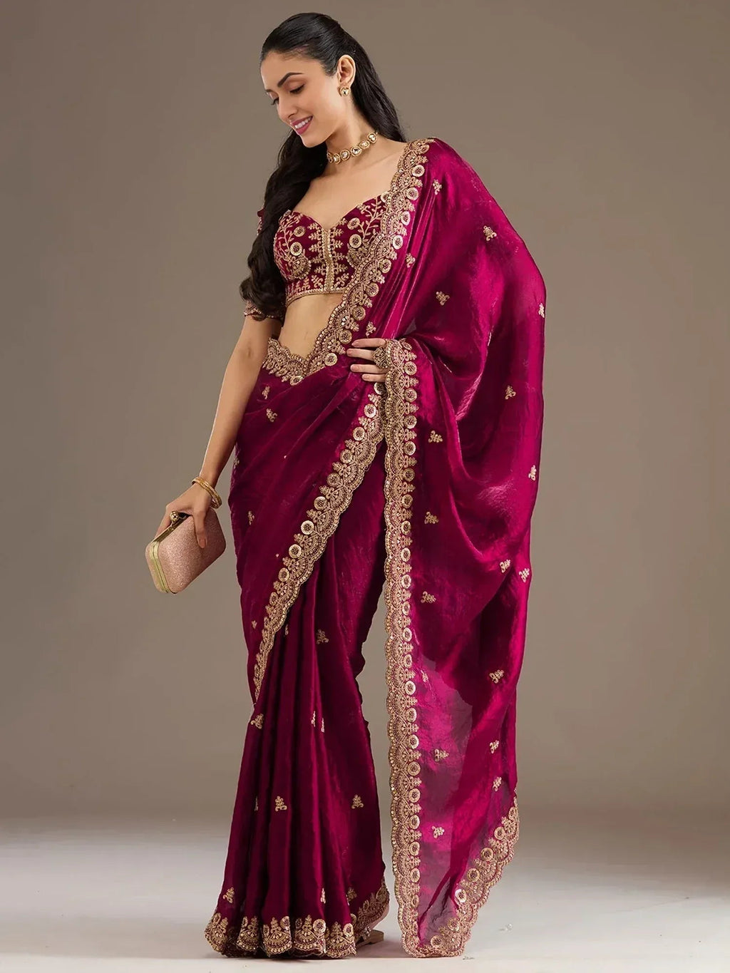 Tulsi Art Alluring Maroon Zari Embroidered Silk Party Wear Saree With Blouse | Grocsy