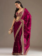 Tulsi Art Alluring Maroon Zari Embroidered Silk Party Wear Saree With Blouse | Grocsy
