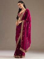 Tulsi Art Alluring Maroon Zari Embroidered Silk Party Wear Saree With Blouse | Grocsy