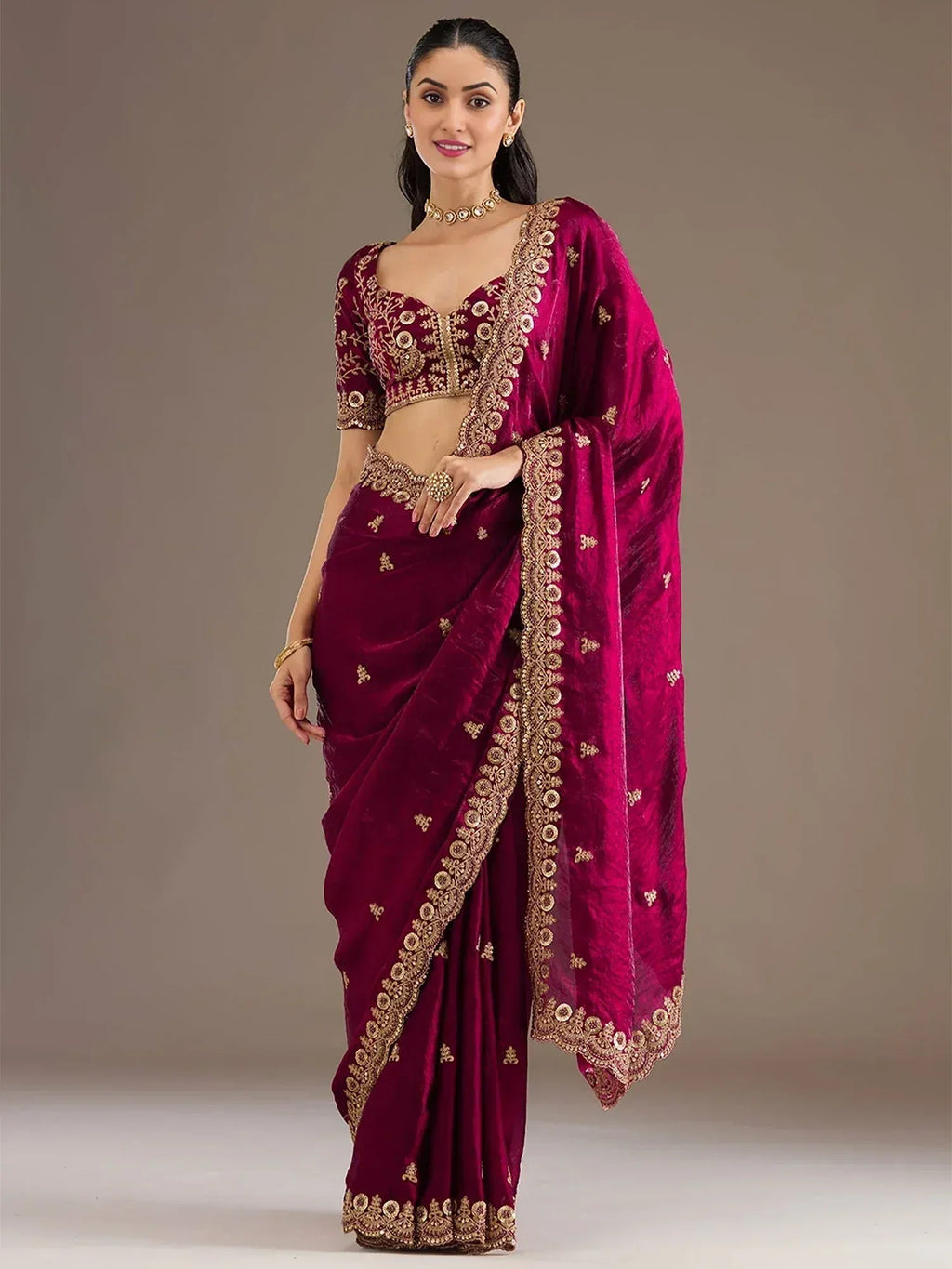 Tulsi Art Alluring Maroon Zari Embroidered Silk Party Wear Saree With Blouse | Grocsy