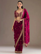 Tulsi Art Alluring Maroon Zari Embroidered Silk Party Wear Saree With Blouse | Grocsy