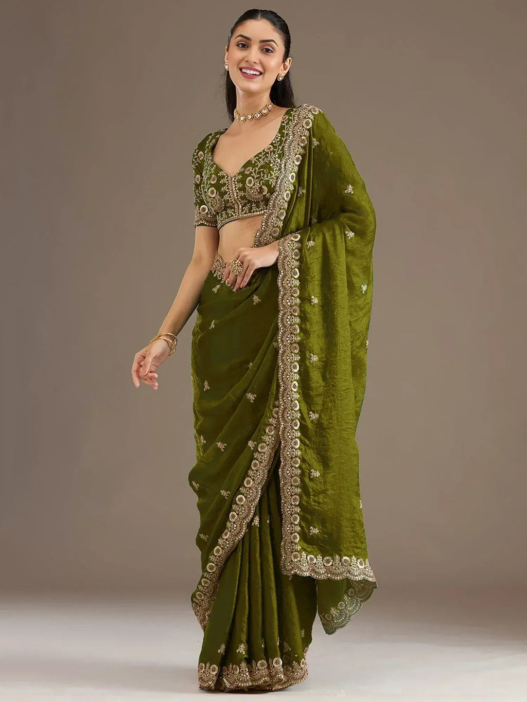 Tulsi Art Amazing Green Embroidered Silk Festival Wear Saree With Blouse | Grocsy