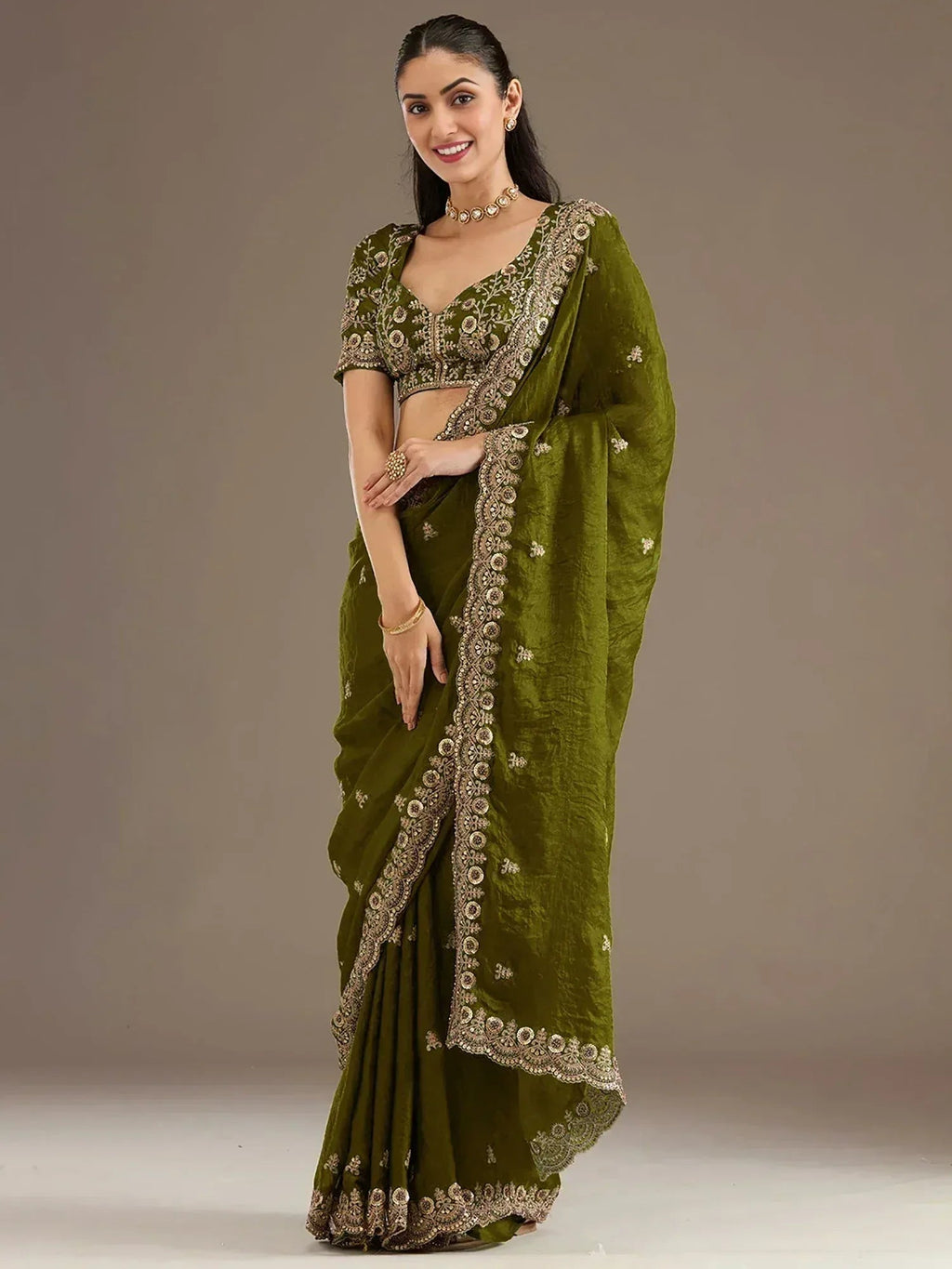 Tulsi Art Amazing Green Embroidered Silk Festival Wear Saree With Blouse | Grocsy
