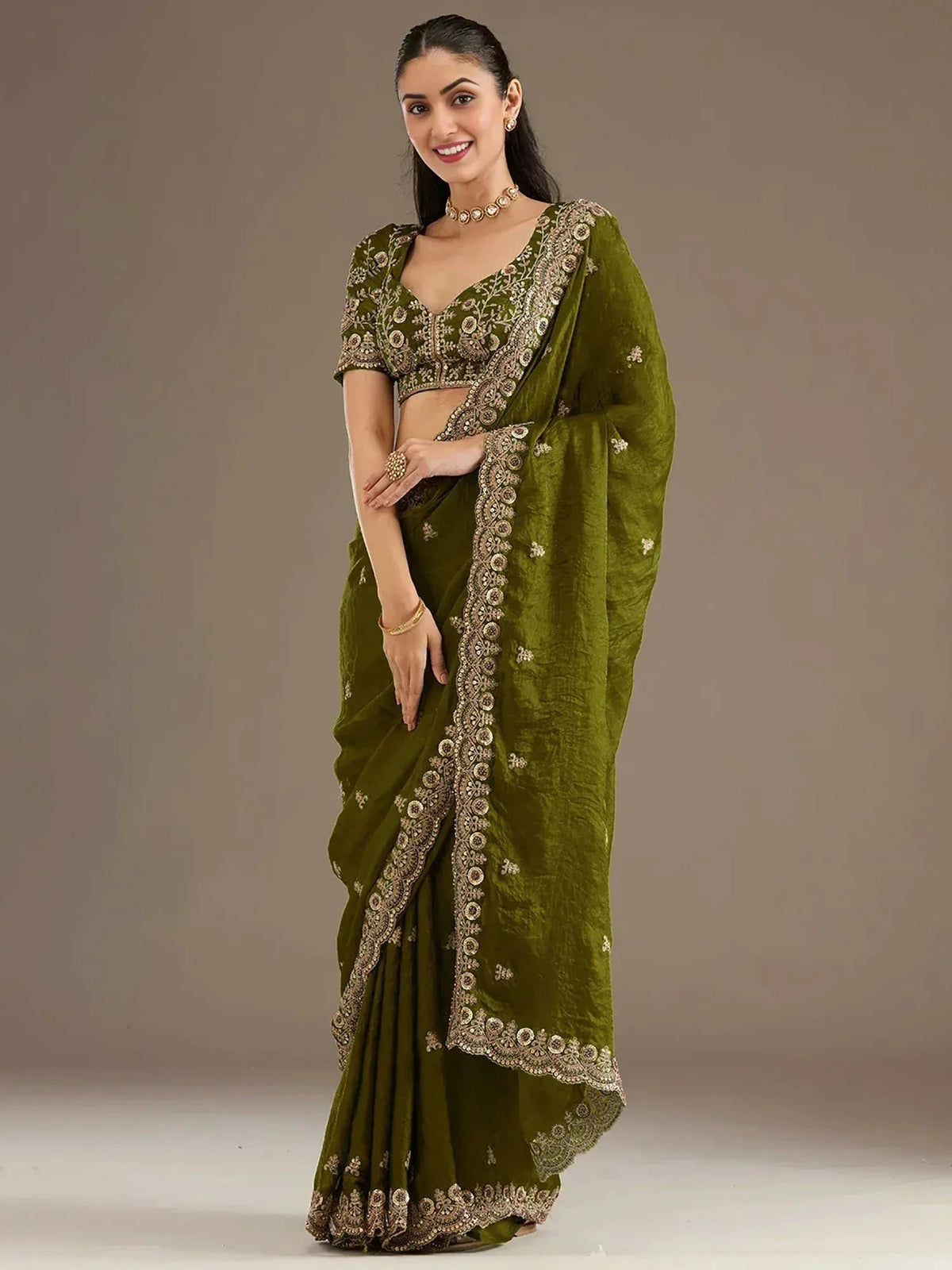 Tulsi Art Amazing Green Embroidered Silk Festival Wear Saree With Blouse | Grocsy