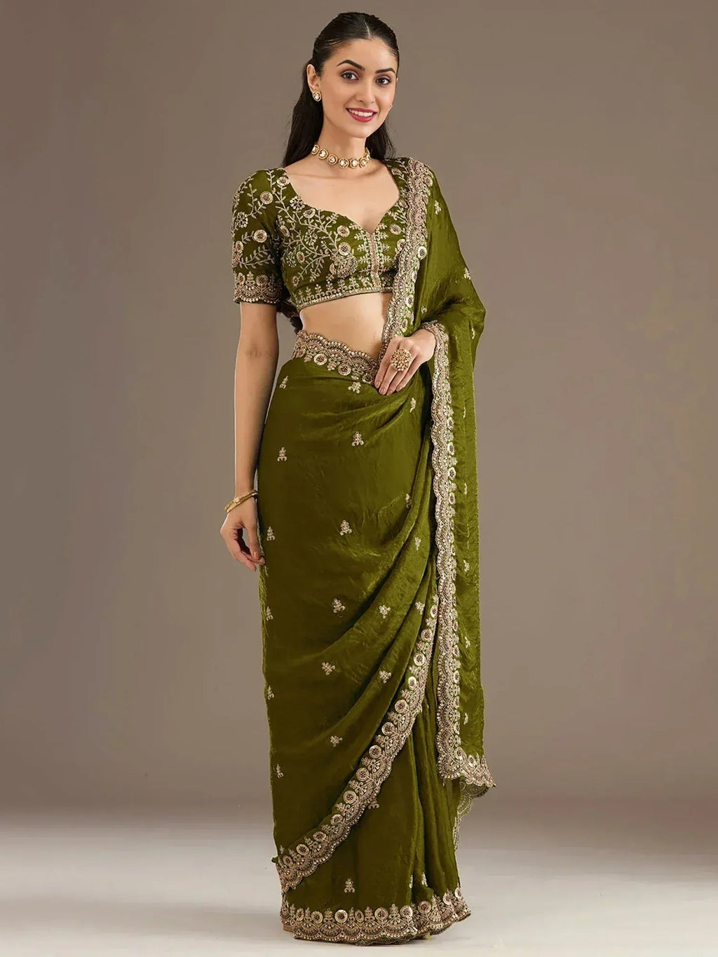 Tulsi Art Amazing Green Embroidered Silk Festival Wear Saree With Blouse | Grocsy