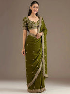 Tulsi Art Amazing Green Embroidered Silk Festival Wear Saree With Blouse | Grocsy