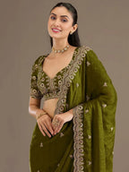 Tulsi Art Amazing Green Embroidered Silk Festival Wear Saree With Blouse | Grocsy