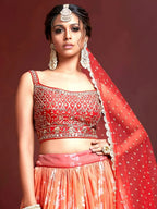 Tulsi Art Marvelous Orange Digital Print Embroidery Tebby Silk Party Wear Lehenga Choli | Grocsy